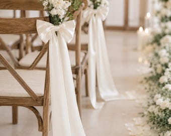 4 White Satin Wedding Chair Bows, Ceremony Aisle Decorations, Romantic Reception Decor