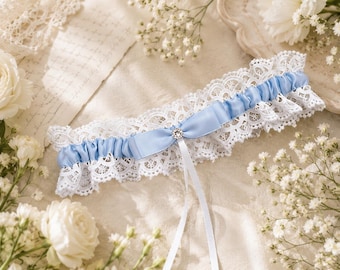 Lace Bridal Garter, Something Blue Wedding Accessory, Rhinestone Satin Bow