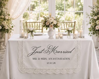 Personalized Wedding Table Runner, Lace Bridal Table Decor, Custom Sweetheart Banner
