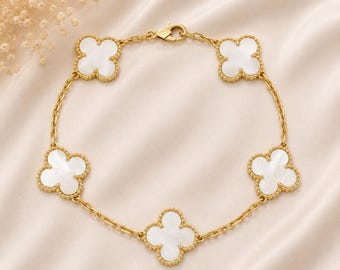 Bracciale con quadrifoglio dorato | Bracciale in stile madreperla bianca | Bracciale in acciaio inossidabile dorato | Bracciale con cinque ciondoli a quadrifoglio | Regalo elegante per
