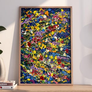 Färgglad vildblomma inramad tavla, abstrakt blommönsterposter, pollockinspirerad väggkonst