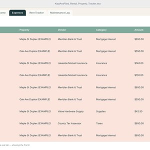 Pode incluir: Uma planilha digital intitulada KeptAndFiled_Rental_Property_Tracker.xlsx exibindo uma aba de Despesas. A tabela apresenta colunas para Data, Propriedade, Vendedor, Categoria e Valor, detalhando transa&ccedil;&otilde;es financeiras de im&oacute;veis para aluguel.
