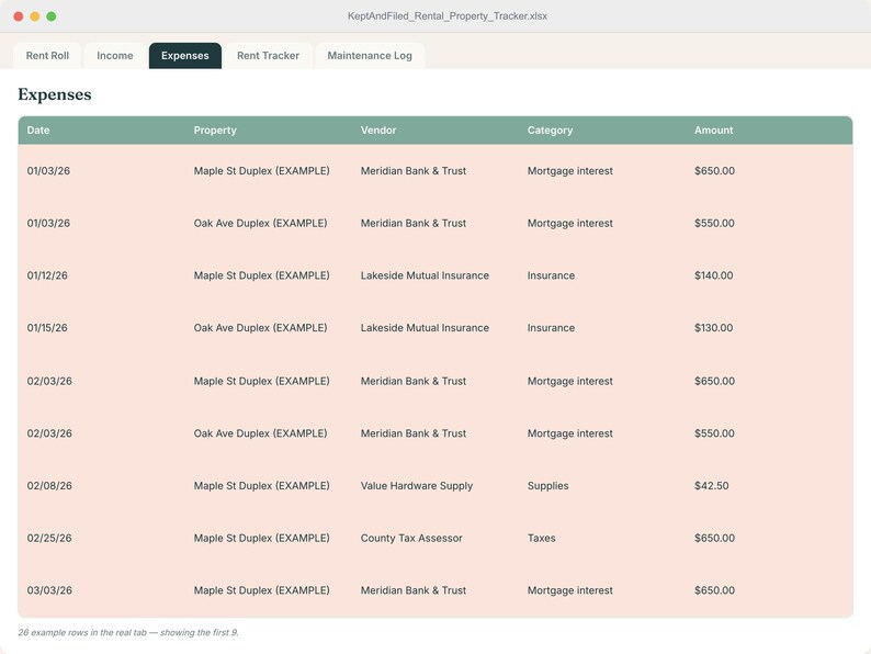Pode incluir: Uma planilha digital intitulada KeptAndFiled_Rental_Property_Tracker.xlsx exibindo uma aba de Despesas. A tabela apresenta colunas para Data, Propriedade, Vendedor, Categoria e Valor, detalhando transa&ccedil;&otilde;es financeiras de im&oacute;veis para aluguel.