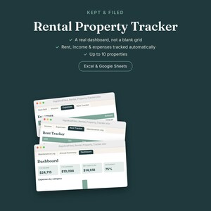 Pode incluir: Um rastreador digital de propriedades para alugar para Excel e Google Sheets com fundo verde escuro e texto branco. A interface exibe um painel e o rastreamento de alugu&eacute;is, receitas e despesas para at&eacute; 10 propriedades.