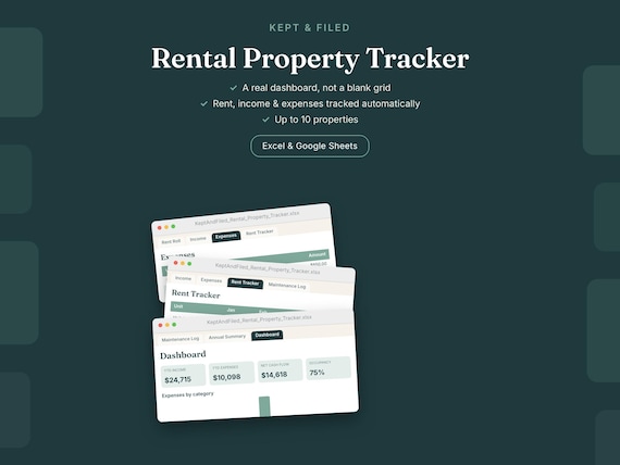 Rental Property Spreadsheet, Landlord Rent Tracker, Income Expense Log, Google Sheets Excel Template