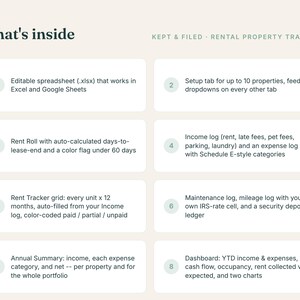 Pode incluir: Uma planilha digital de rastreamento de propriedades para aluguel intitulada What's inside Kept & Filed. Lista oito recursos, incluindo um arquivo .xlsx edit&aacute;vel para Excel e Google Sheets, uma aba de configura&ccedil;&atilde;o para 10 propriedades, um registro de alugu&eacute;is, di&aacute;rios de receitas e despesas, uma grade de rastreamento, registros de manuten&ccedil;&atilde;o e quilometragem, um resumo anual e um painel de controle.