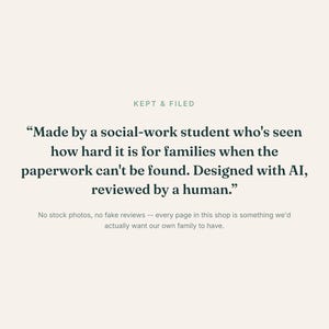 Pode incluir: Um gr&aacute;fico de cor creme com o texto KEPT & FILED no topo. O texto central diz: "Made by a social-work student who's seen how hard it is for families when the paperwork can't be found. Designed with AI, reviewed by a human."