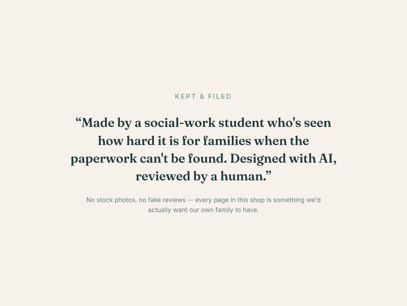 Pode incluir: Um gr&aacute;fico de cor creme com o texto KEPT & FILED no topo. O texto central diz: "Made by a social-work student who's seen how hard it is for families when the paperwork can't be found. Designed with AI, reviewed by a human."