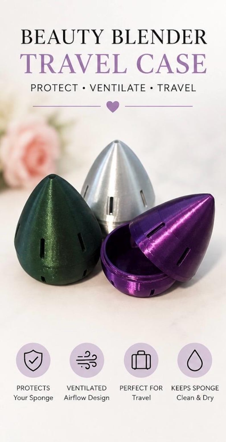 May include: Three beauty blender travel cases in green, silver, and purple. The purple case is open, revealing the interior. The cases are bullet-shaped with ventilation slots. Text on the image reads: BEAUTY BLENDER TRAVEL CASE.
