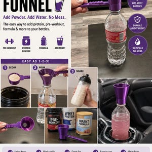May include: A purple powder scoop funnel set with a scoop, funnel, and bottle. The text reads "POWDER SCOOP FUNNEL" and "Add Powder. Add Water. No Mess." The set is designed for protein, pre-workout, and formula.