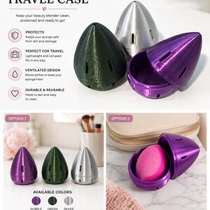 Può includere: Custodia da viaggio Beauty Blender in viola, verde e argento. La custodia è progettata per proteggere e mantenere pulita la tua spugna per il trucco. Il testo sull'immagine dice "Elegante, Pratico, Essenziale". La custodia è adatta ai viaggi e si adatta a qualsiasi borsa.