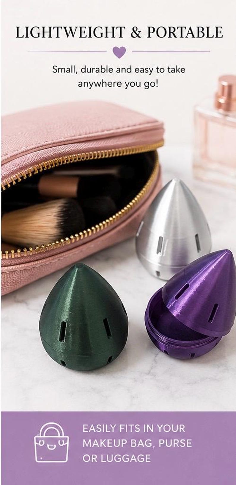 May include: A pink makeup bag with a gold zipper, makeup brushes, and three cone-shaped containers in green, silver, and purple. The purple container is open, revealing its interior.