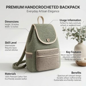 Può includere: Uno zaino lavorato all'uncinetto color verde salvia con tasca frontale beige, manico superiore e spallacci regolabili. La borsa presenta una chiusura a patta con bottone in legno e una tasca frontale con zip. Misura 35,56 cm in altezza e 30,48 cm in larghezza.