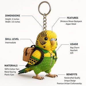 May include: A handmade crochet budgie keychain featuring a yellow and green bird with black stripes, wearing a green vest with a silver zipper detail and a miniature woven backpack. The item measures 4 inches in height and 3.5 inches in width.