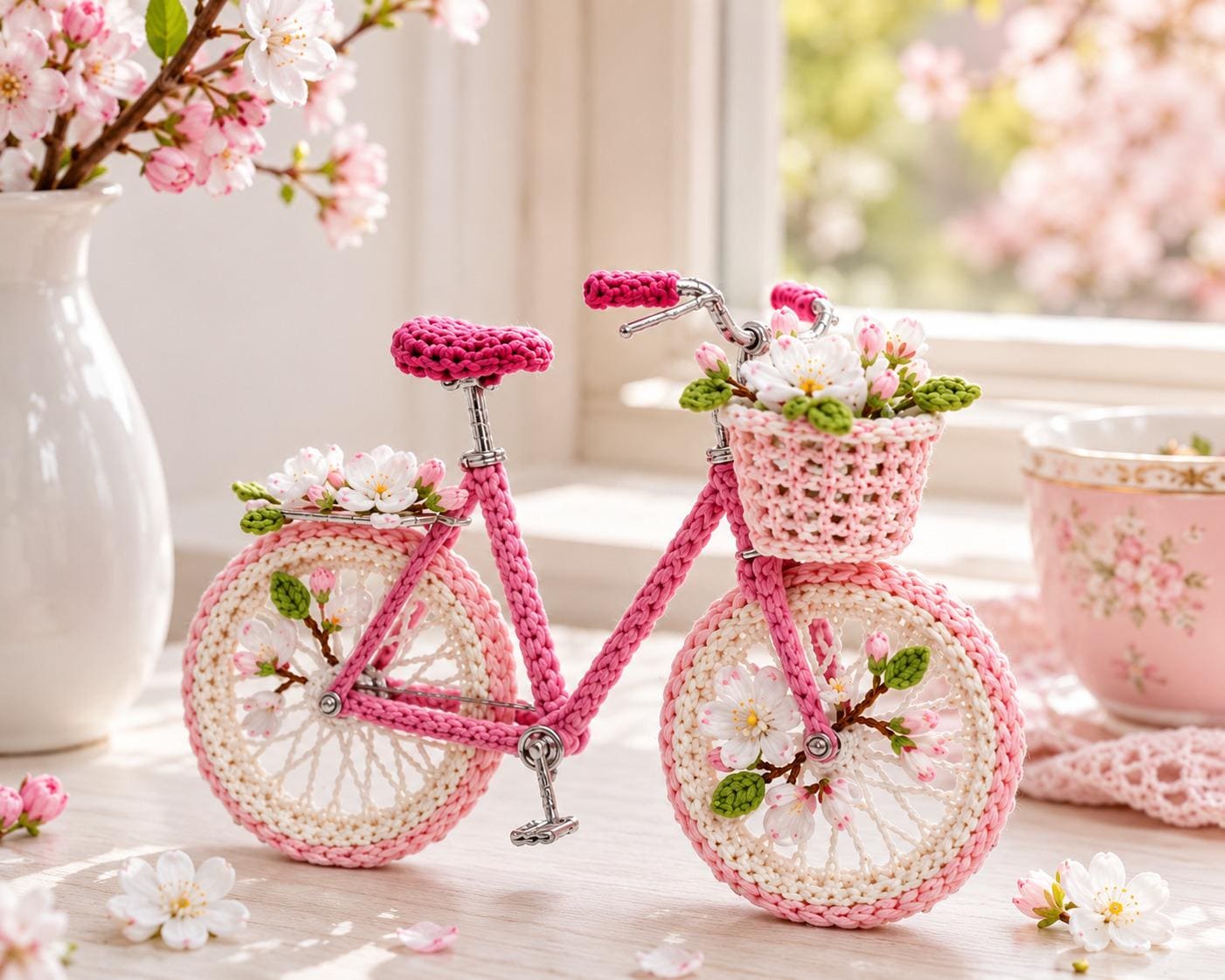 30 Bicycle Crochet Patterns for Bikes, Decor, Gifts, and Cozy Home Projects 16 Spring Blossom Bicycle Sculpture Pattern
