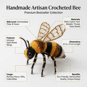 May include: A crocheted bee featuring a yellow, black, and white striped body, black head with large dark eyes, and intricate gold-wired wings. The bee has black legs accented with small beads and measures 3.5 inches in length.