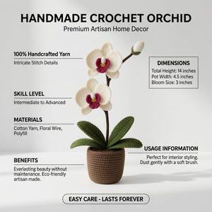 Pode incluir: Uma orquídea de crochê feita à mão com pétalas brancas, centro rosa escuro e folhas verdes num vaso castanho. Texto: HANDMADE CROCHET ORCHID, Premium Artisan Home Decor, dimensões: Altura total 35,56 cm, Largura do vaso 11,43 cm, Flor 7,62 cm.