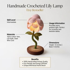 May include: A handmade crocheted lily lamp with a pink flower head, green stem and leaves, and a brown circular base. The lamp stands 12 inches tall with a 5-inch base. Text includes: Handmade Crocheted Lily Lamp, Etsy Bestseller, Skill Level, Usage Information, Materials, Dimensions, and Benefits.