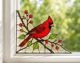 Cardinal Stained Glass Corner Suncatcher, Red Bird Window Hanging, Lower Window Corner Decor, Memorial Gift