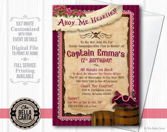 Pirate Burgundy Lace Customized Printable Invitation