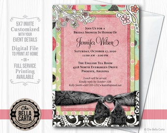 Shabby Chic Boho Pink with Black Ribbon Invitation for Perfect for Birthdays, Showers and More