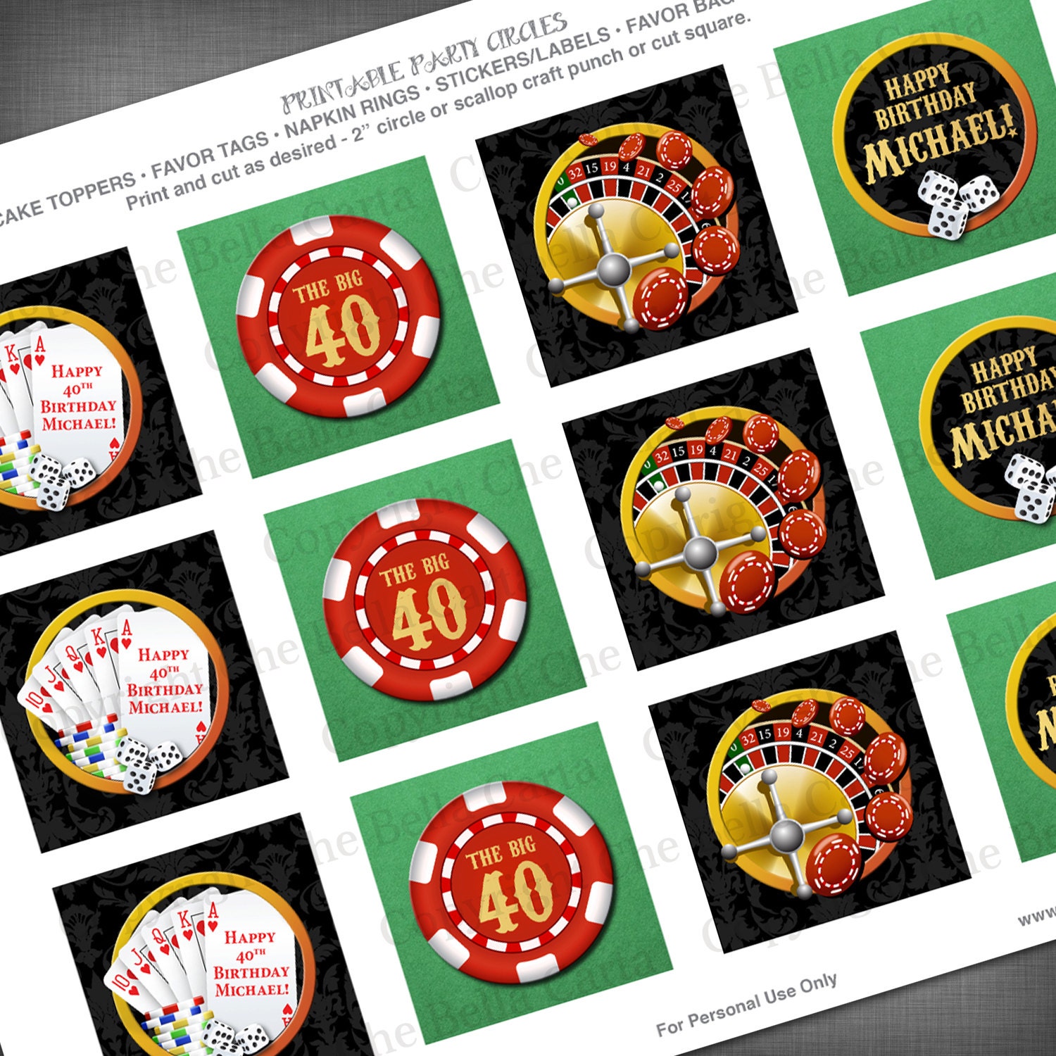 Casino Theme 2 Inch Party Circles for Cupcake Toppers Favor Bags Napkin Rings Decorations etc