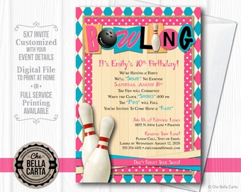 Bowling Party Pink and Aqua Customized Printable Invitation