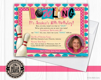 Pink and Aqua Photo Bowling Party Customized Printable Invitation