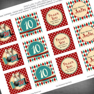 May include: Printable party circles with a bowling theme. The circles feature a red and white polka dot pattern, a red and blue diamond pattern, and a blue and white bowling ball and pins design. The text on the circles says "Thank You for Coming to My Party!" and "Happy Birthday Justin".