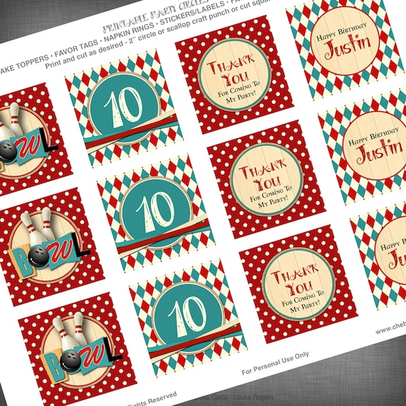 Bowling Theme 2 Inch Party Circles for Cupcake Toppers, Favor Bags, Napkin Rings, Decorations, etc.