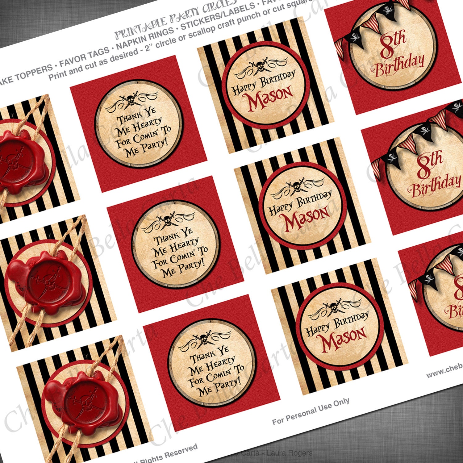 Pirate Theme 2 Inch Party Circles for Cupcake Toppers Favor Bags Napkin Rings Decorations etc