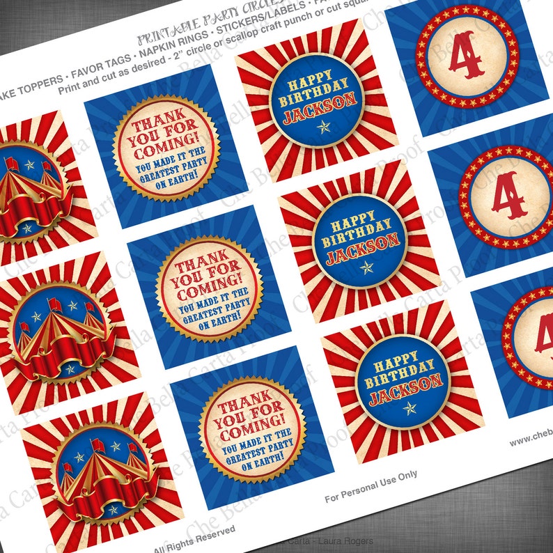 Carnival Circus Theme 2 Inch Party Circles for Cupcake Toppers Favor Bags Napkin Rings Decorations etc