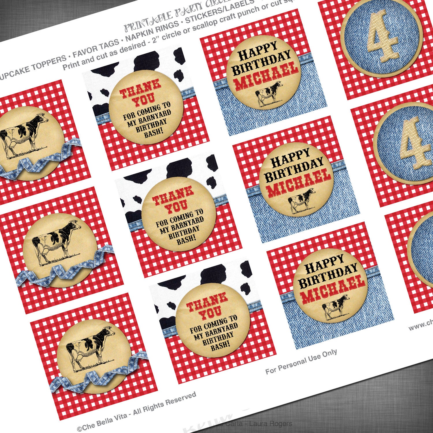 Barnyard Theme 2 Inch Party Circles for Cupcake Toppers Favor Bags Napkin Rings Decorations etc