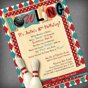 May include: A retro-style bowling-themed birthday party invitation with red, white, and blue colors. The invitation features a bowling ball, bowling pins, and the text "It's Justin's 10th Birthday!"  The invitation includes details about the party, including the date, time, and location.