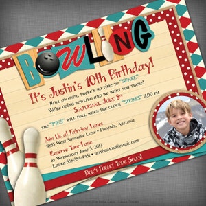 May include: A retro-style bowling birthday invitation with a red, white, and blue color scheme. The invitation features a bowling ball, bowling pins, and the text "It's Justin's 10th Birthday!"  The invitation also includes a photo of a boy in a blue shirt and a red jacket.