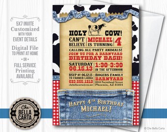Western Cowboy or Cowgirl Barnyard Denim and Gingham Printable Customized Invite