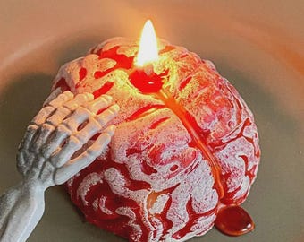 Anatomical Brain Candle: Pink & White Beeswax Halloween Decor – Spooky Party Prop