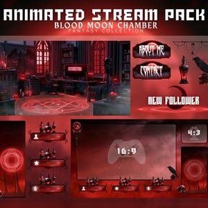 May include: Animated stream pack with a fantasy theme in a dark red colour scheme. Gothic elements include a raven, skull, and potion bottles. Text includes "Animated Stream Pack", "Blood Moon Chamber", and interactive buttons for streaming.