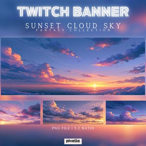 Op de afbeelding: Een digitaal kunstbannerontwerp voor Twitch, met een fantasie-scène van een zonsondergang en wolkenlucht. Het ontwerp bevat een grote centrale afbeelding en drie kleinere variaties, die allemaal levendige kleuren van oranje, roze en blauw laten zien. De tekst bovenaan luidt "TWITCH BANNER".