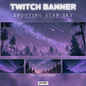 May include: A Twitch banner design featuring a fantasy landscape with a shooting star sky. The banner has a purple and blue color scheme, with silhouettes of trees in the foreground. The text "TWITCH BANNER" and "SHOOTING STAR SKY" are displayed.