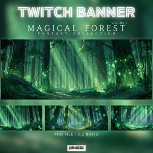 Może przedstawiać: Cyfrowy baner Twitch zatytułowany TWITCH BANNER MAGICAL FOREST FANTASY COLLECTION VOLUME 3. Grafika przedstawia ciemnozielony las z promieniami światła i świecącymi motylami. Plik jest w formacie PNG, proporcje 5:2.
