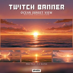Op de afbeelding: Een digitale Twitch-banner met een zonsondergang boven de oceaan uit de natuurcollectie. De afbeelding toont een felle zon die ondergaat boven een kalme zee met oranje en paarse wolken. De tekst bevat TWITCH BANNER, OCEAN SUNSET VIEW, NATURE COLLECTION en PNG FILE | 5:2 RATIO.