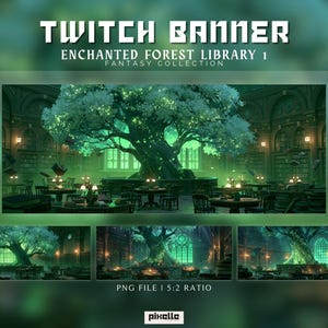 May include: A digital banner design for Twitch, featuring an enchanted forest library. The artwork showcases a large tree inside the library, with floating books and soft lighting. The banner includes the text "Twitch Banner" and "Enchanted Forest Library 1".