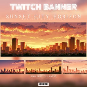 Op de afbeelding: Digitale kunstbanner voor Twitch, met een skyline van een stad bij zonsondergang. De afbeelding toont een oranje en gele lucht met donkere silhouetten van gebouwen. De tekst "TWITCH BANNER" en "SUNSET CITY HORIZON" staan bovenaan.