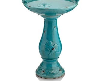 Turquoise Ceramic Bird Bath – Outdoor Pedestal Birdbath for Garden, Patio & Yard Decor