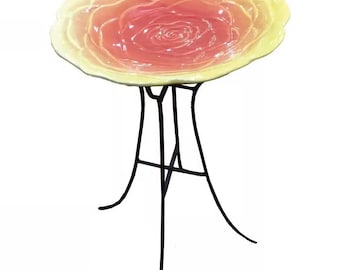 Floral Ceramic Bird Bath with Metal Stand, Yellow Pink Garden Birdbath, Outdoor Decorative Bird Bowl, Patio Yard Accent