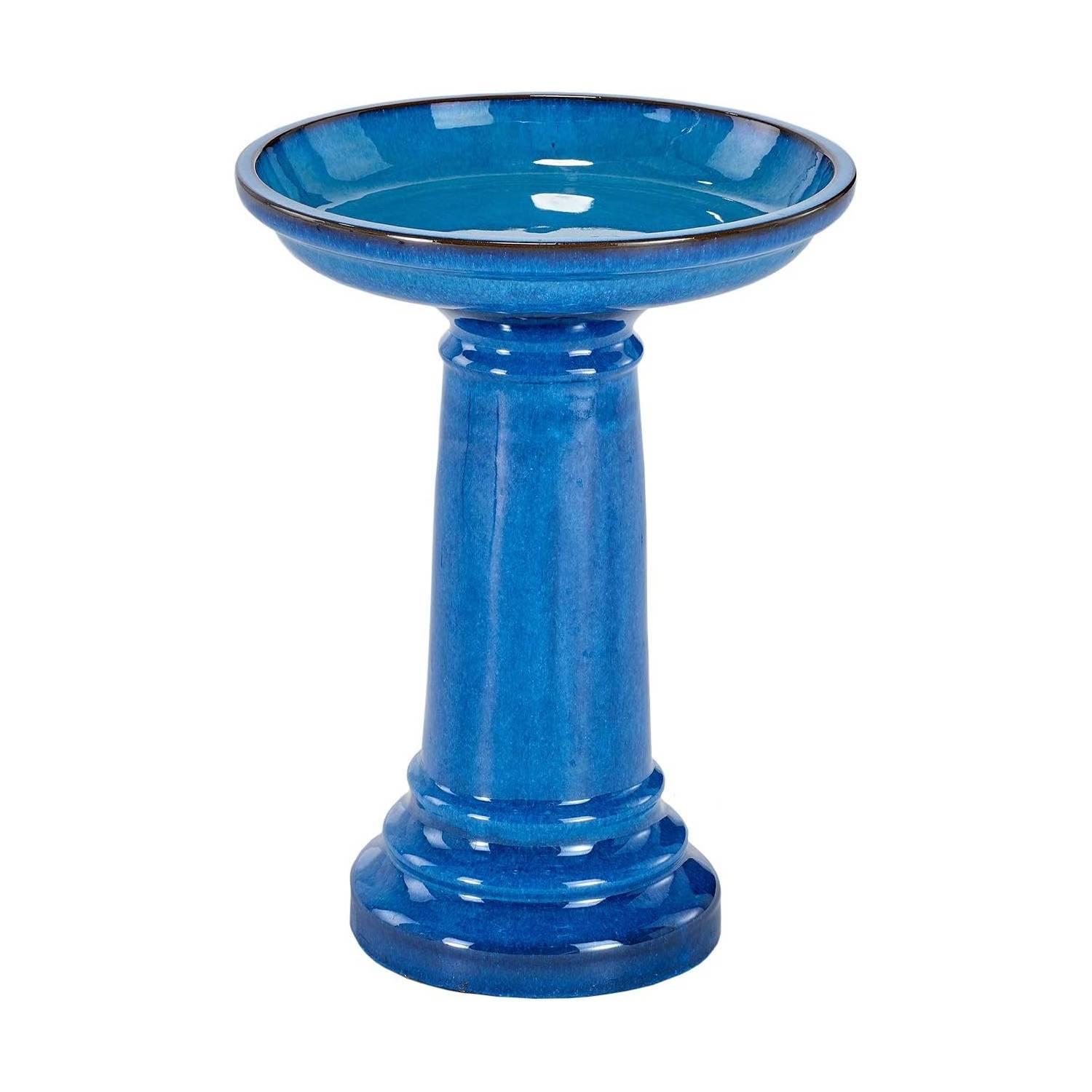 Blue Ceramic Bird Bath Outdoor, Traditional Garden Birdbath, Patio Yard ...