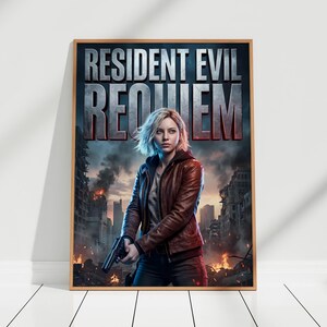 Puede incluir: Un p&oacute;ster enmarcado con el t&iacute;tulo "RESIDENT EVIL REQUIEM". Muestra a una mujer con una chaqueta de cuero marr&oacute;n sosteniendo un arma, con el tel&oacute;n de fondo de una ciudad en llamas. El p&oacute;ster est&aacute; enmarcado en madera.
