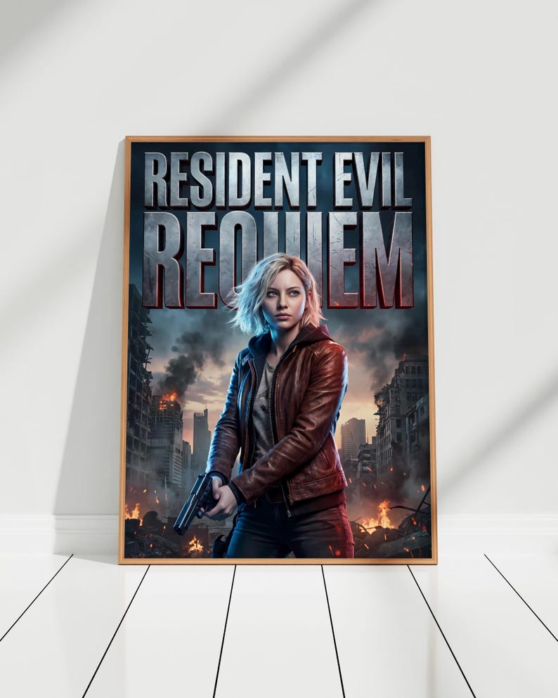 Puede incluir: Un p&oacute;ster enmarcado con el t&iacute;tulo "RESIDENT EVIL REQUIEM". Muestra a una mujer con una chaqueta de cuero marr&oacute;n sosteniendo un arma, con el tel&oacute;n de fondo de una ciudad en llamas. El p&oacute;ster est&aacute; enmarcado en madera.