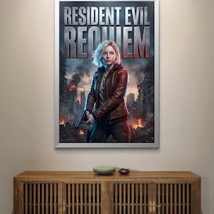 Puede incluir: P&oacute;ster enmarcado con el texto "RESIDENT EVIL REQUIEM" y una imagen de una mujer sosteniendo un arma en un entorno post-apocal&iacute;ptico. La mujer lleva una chaqueta de cuero marr&oacute;n. El p&oacute;ster est&aacute; sobre un mueble de madera.